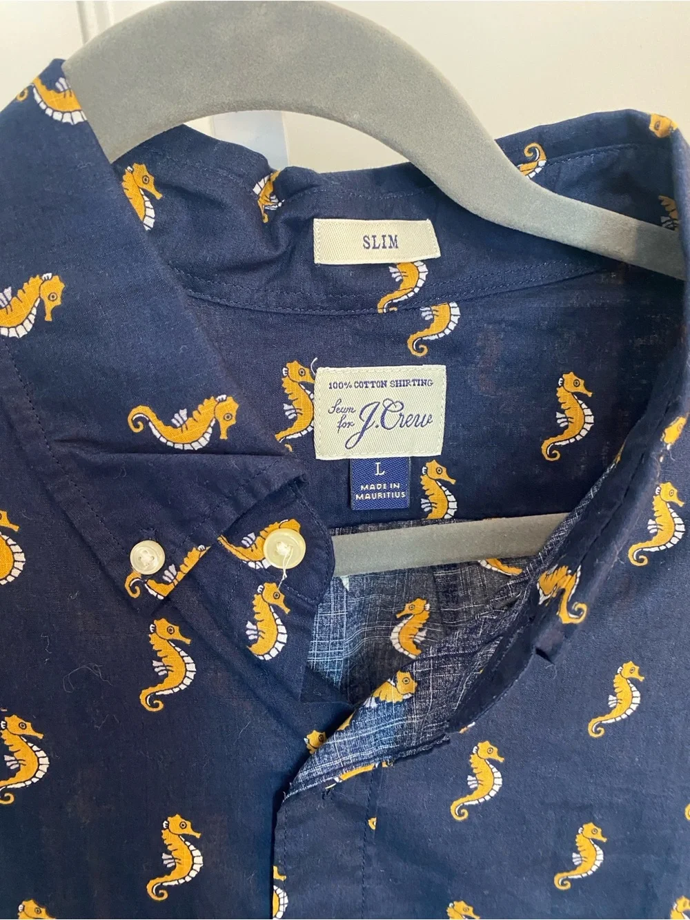 J. Crew Navy Short-Sleeve Button-Down with Yellow Seahorse Print L